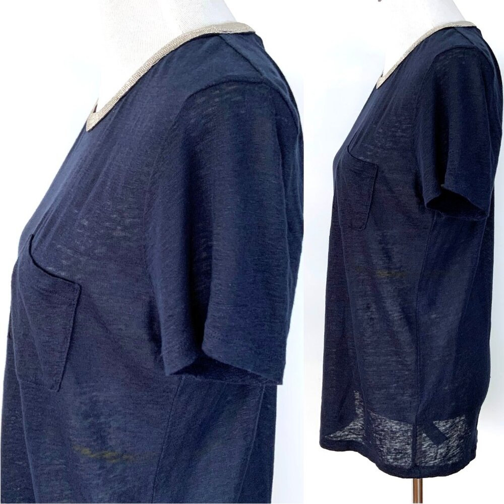 New J. Crew Navy Linen Embellished Collar Short Sleeve Tee Sz M - Picture 12 of 16